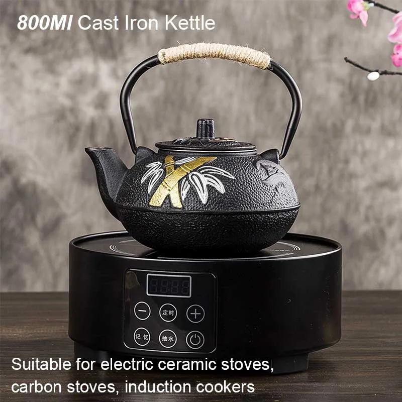 Cast Iron Teapot - 800 ml pruim en bamboe geschilderde