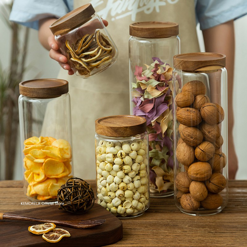 Coffee Tea Canister Set - Houten deksel Glazen luchtdichte bus Keukenopslag